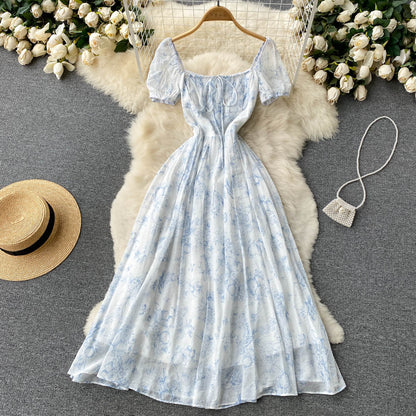 French floral dress summer dress 2025 new square collar niche waist tangerine first love skirt R2301