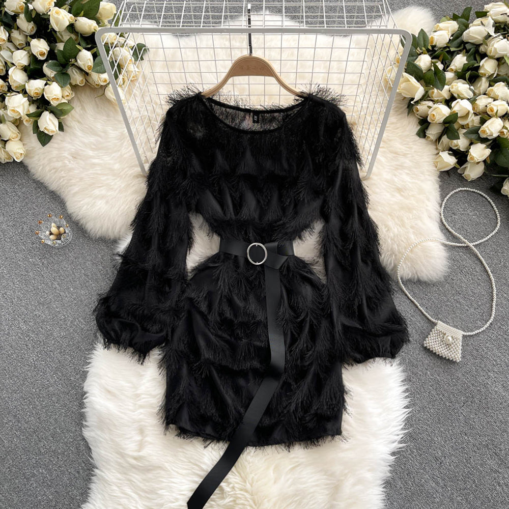 French dress with fur tassel design, small and chic temperament A-line short skirt R2274