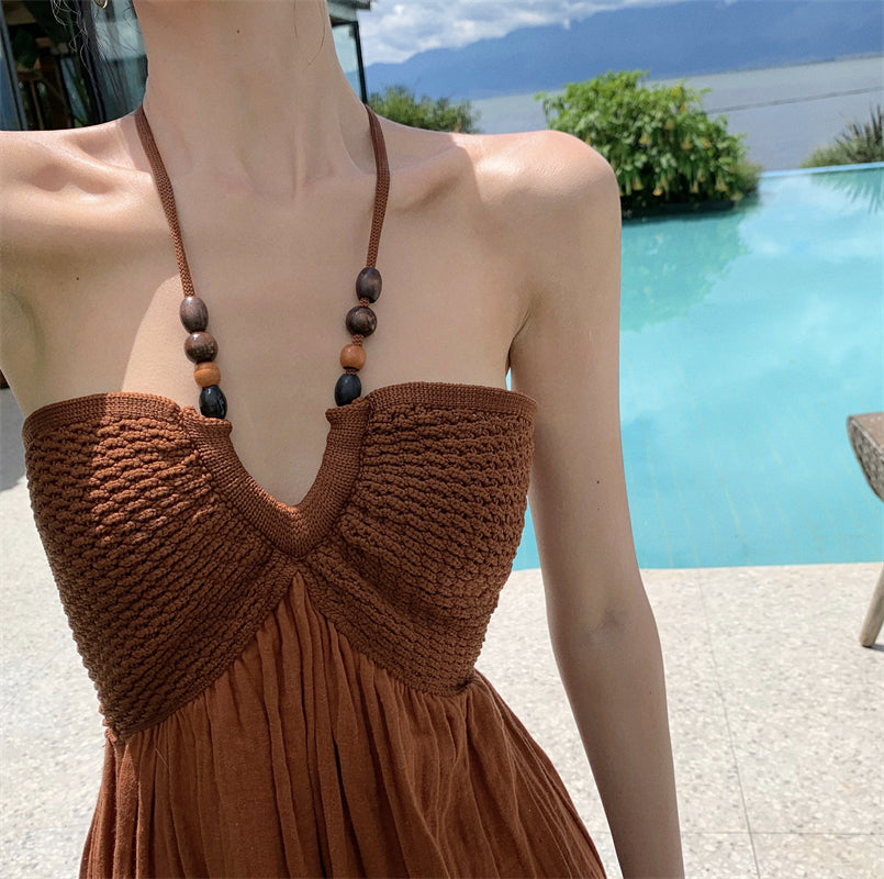 Travel wear retro beaded halter neck knitted dress seaside holiday beach dress R1593