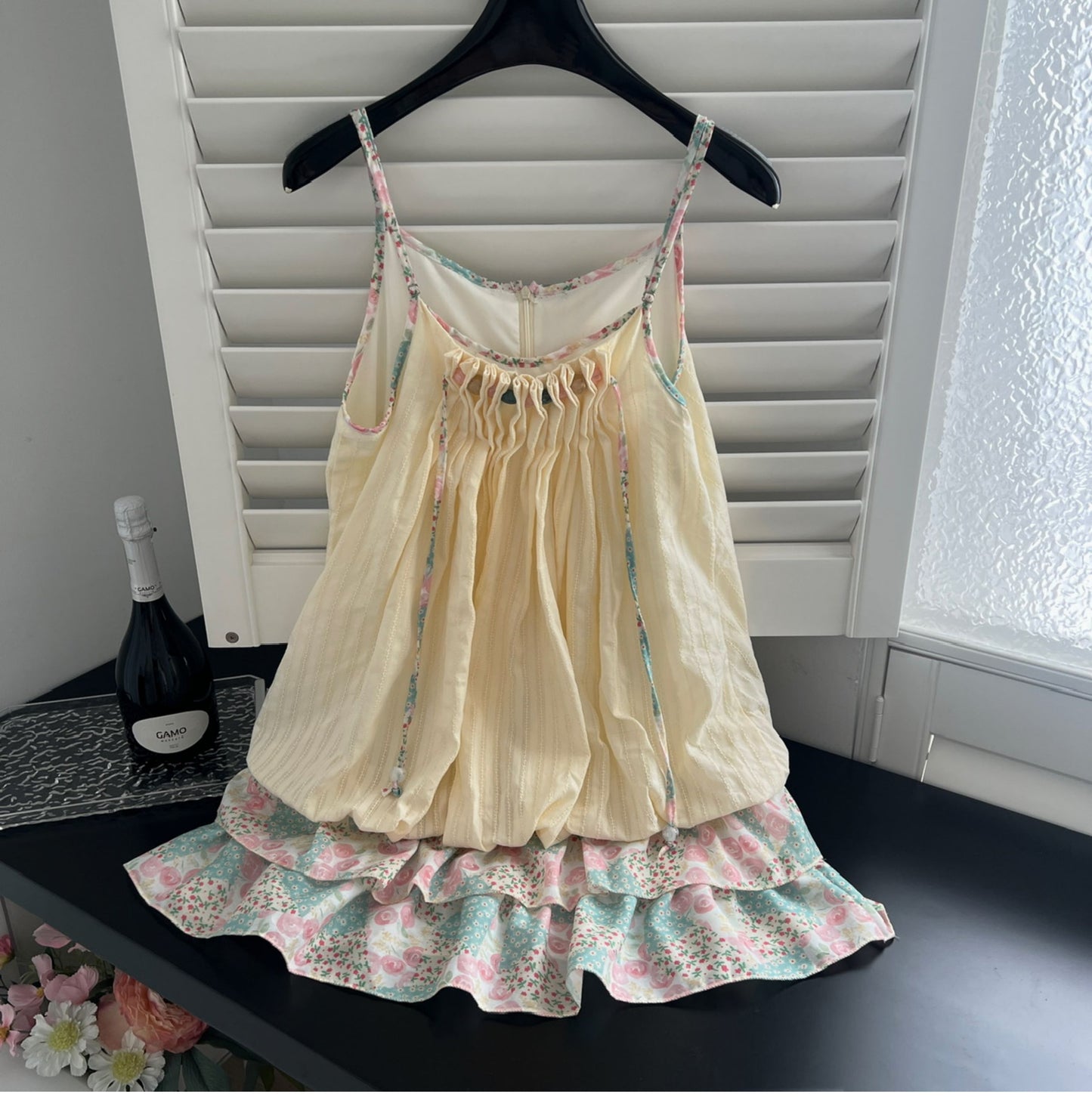 National style pink and green floral stitching pleated sling loose bud dress 2025 new R1987