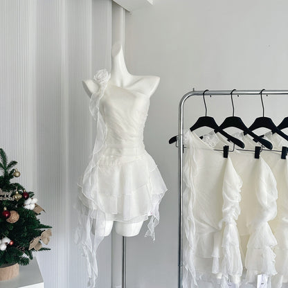 New White Off-shoulder Chiffon Dress Waist Short Fairy Cake Skirt with Flowers R1989