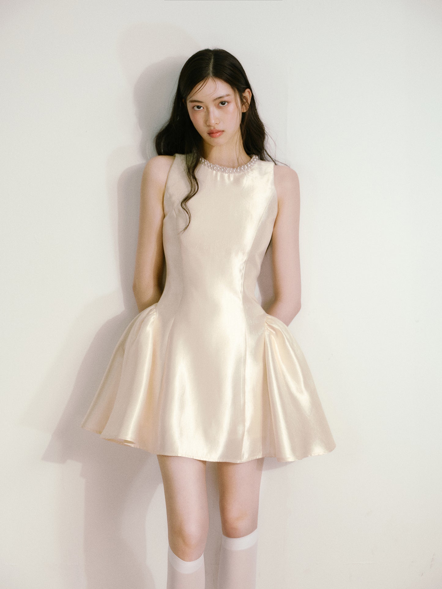 Beige glossy satin 3D handmade pearl princess skirt puffy dress R5133