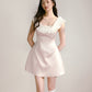 Pink satin with white ruffled edge contrasting one-shoulder waist dress R5132