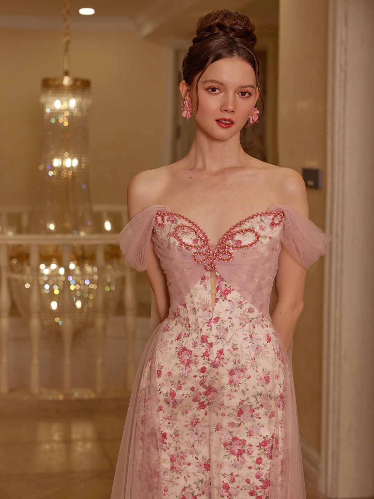 French fairy dress mesh satin printed fishbone dress evening gown dress homecoming dress R5117