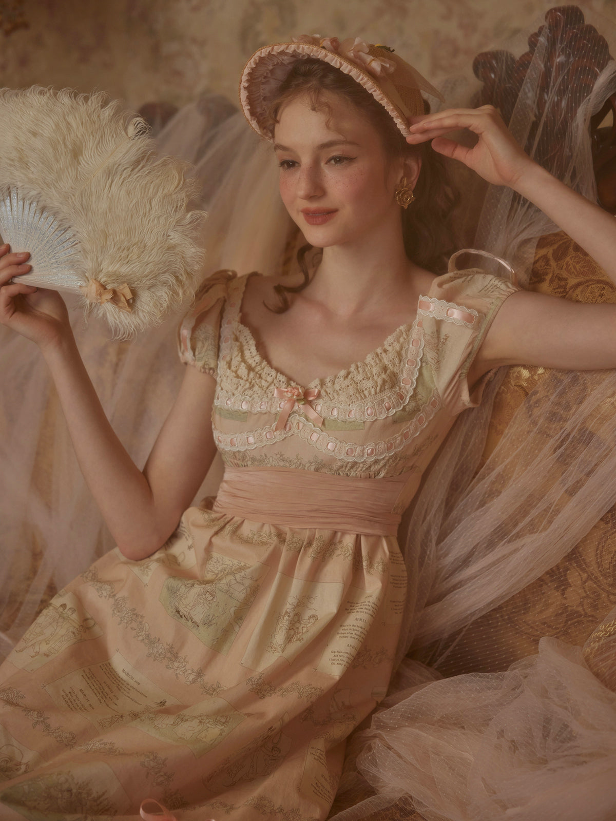 French court style empire dress printed lace dress cotton homecoming dress R5116