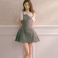 Gray polka dot off-shoulder niche dress with bow tie and waist-hugging puffy miniskirt R5127
