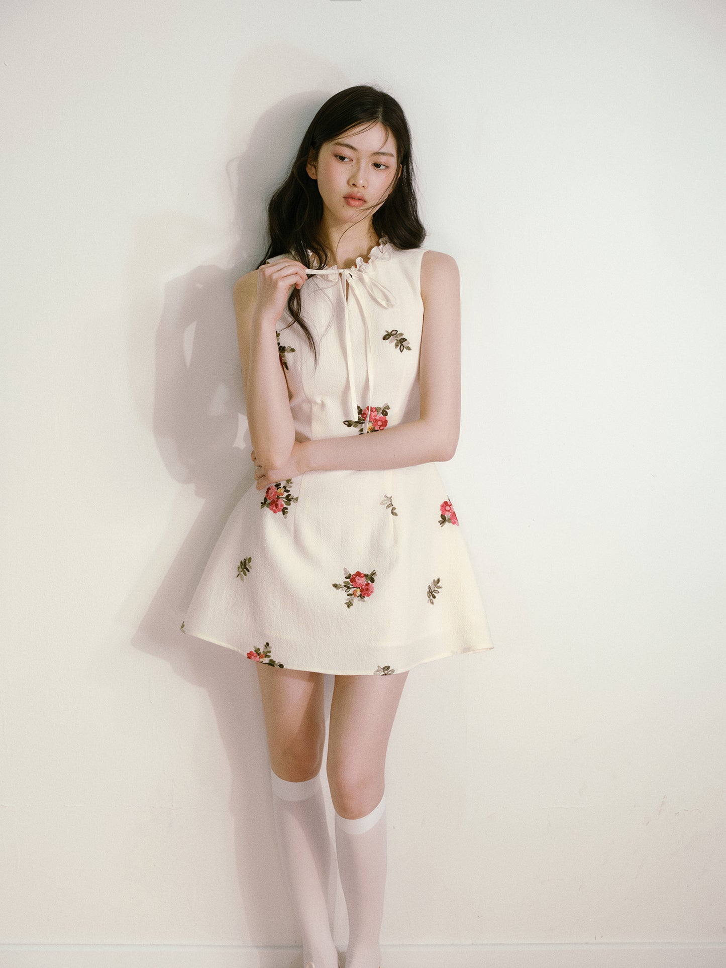 Beige 3D Flower Embroidered Sleeveless Dress with Lace-up Ruffles and Slim Waist Vest Dress R5135