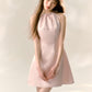 Pink satin glossy halter neck dress with bow waist A-line sleeveless short skirt R5130