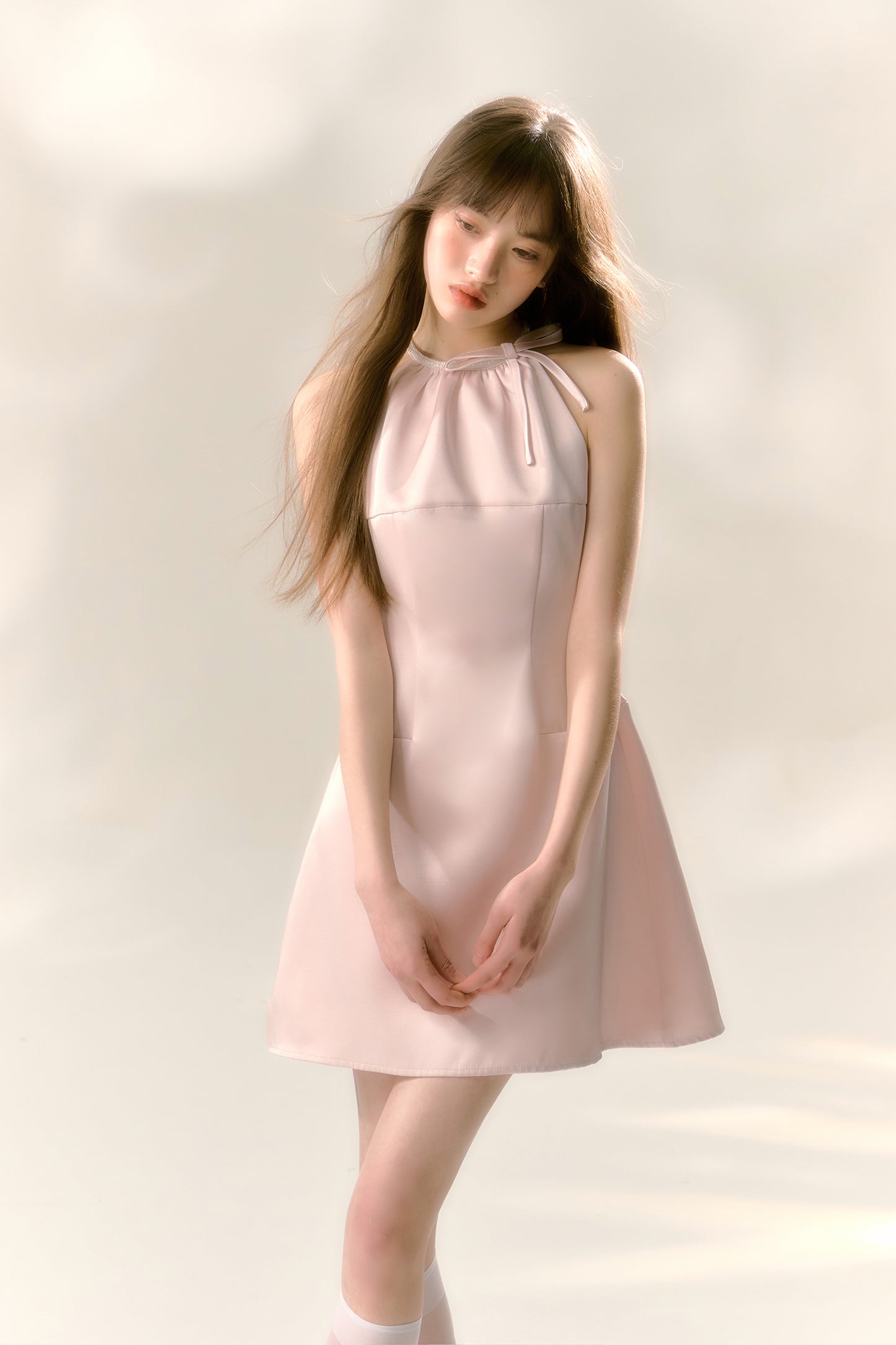 Pink satin glossy halter neck dress with bow waist A-line sleeveless short skirt R5130
