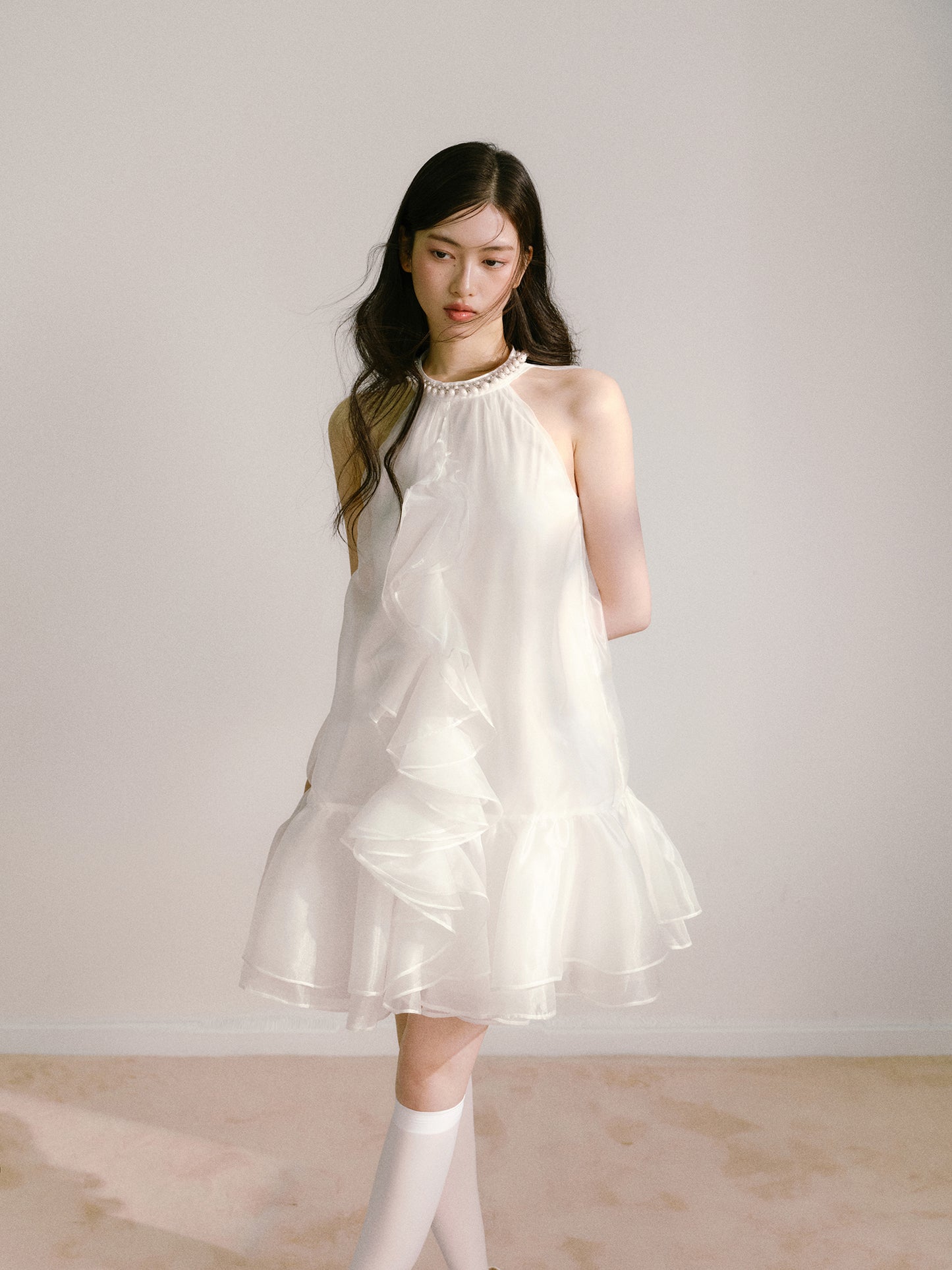 Moonlight White Layered Organza Tie-Up Bow Pearl Neck Tutu Dress R5126