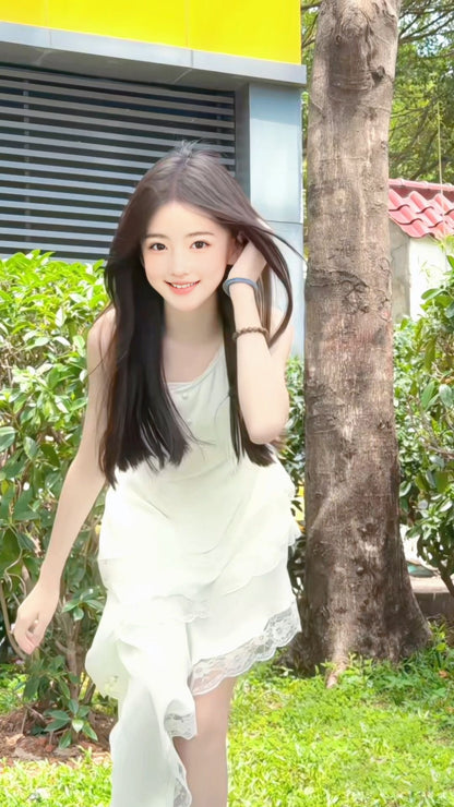 Irregular white suspender dress gentle temperament beautiful summer skirt R0756
