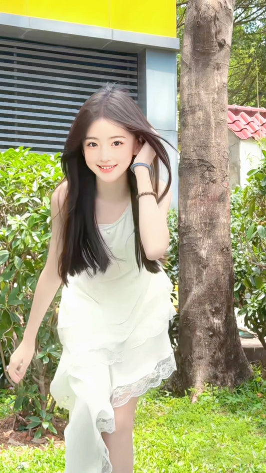 Irregular white suspender dress gentle temperament beautiful summer skirt R0756