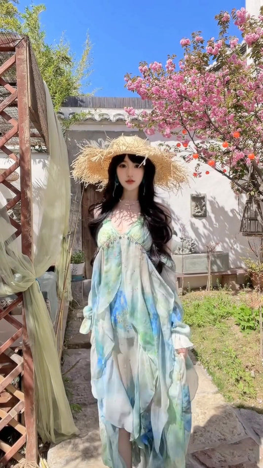 Blooming floral halter dress holiday style beautiful dress R0716