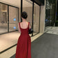 Skirt square neck suspender dress royal sister style temperament wine red high-end dress R1437
