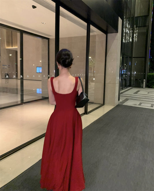 Skirt square neck suspender dress royal sister style temperament wine red high-end dress R1437
