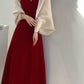 Hong Kong style retro 2025 new square neck velvet sling red engagement waist sling dress R1438