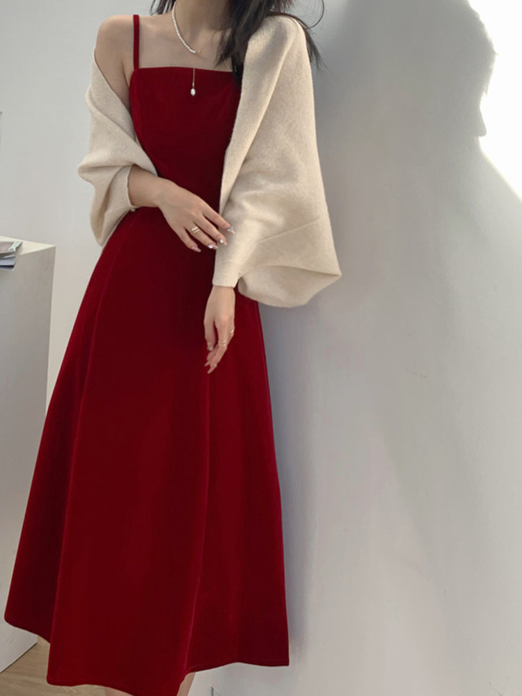 Hong Kong style retro 2025 new square neck velvet sling red engagement waist sling dress R1438