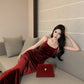 French suspender dress autumn wine red slim waist velvet hip fishtail Christmas dress R1439