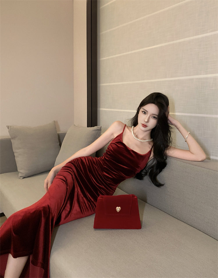 French suspender dress autumn wine red slim waist velvet hip fishtail Christmas dress R1439