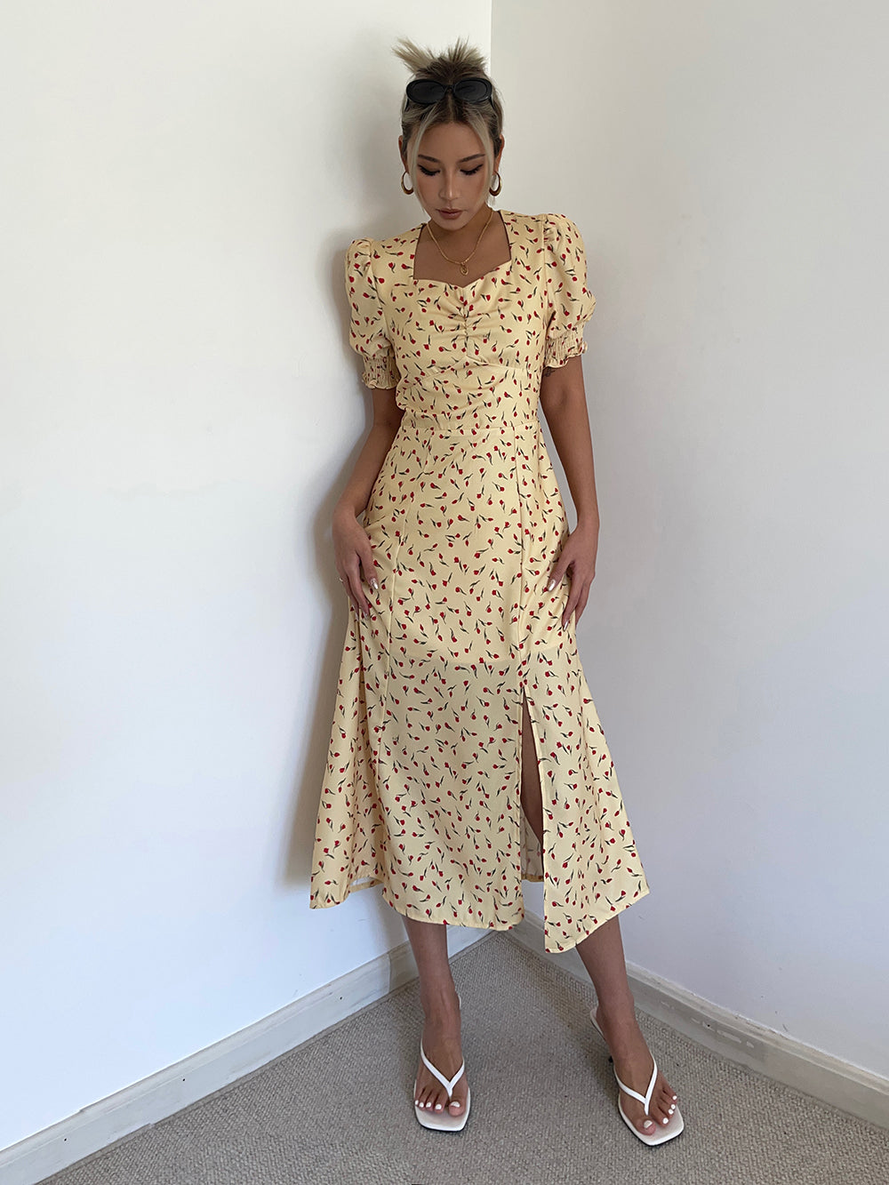 New French style sweet or salty square collar slit yellow floral dress women's summer long skirt R3091
