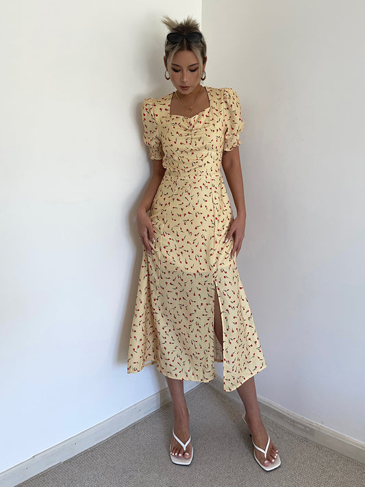 New French style sweet or salty square collar slit yellow floral dress women's summer long skirt R3091