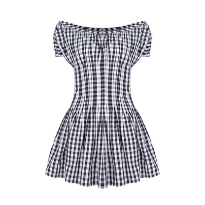 Literary style retro black and white plaid waist short-sleeved dress summer mini skirt R3099