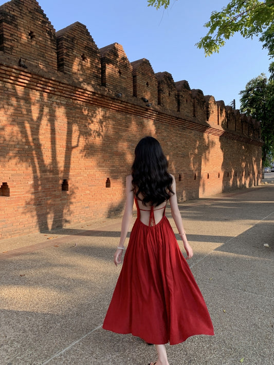 French square neck waist hip dress high waist sleeveless slim suspender dress slit long skirt R1434