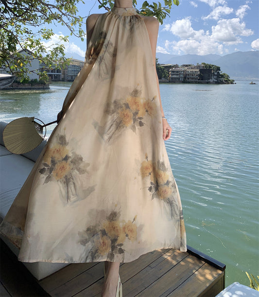 Retro high-end backless sexy halter neck dress waist temperament holiday long dress R1435