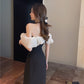 French style one shoulder dress slit gentle style banquet bridesmaid dress long skirt R1429