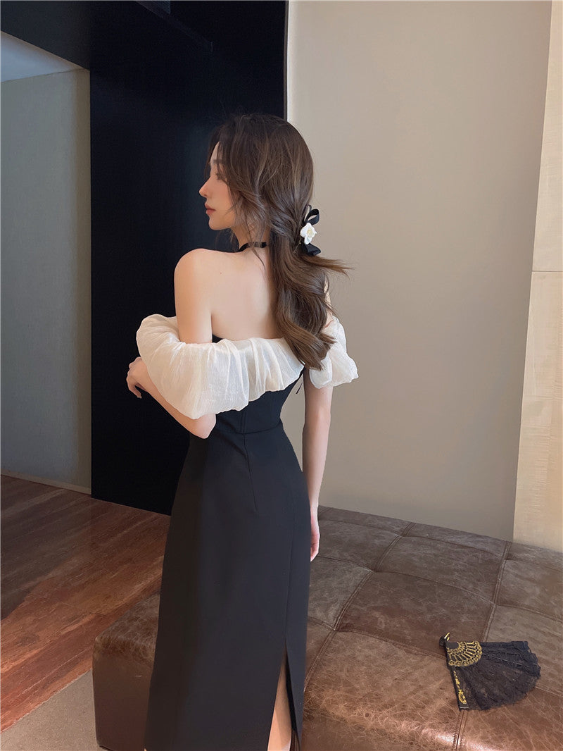 French style one shoulder dress slit gentle style banquet bridesmaid dress long skirt R1429