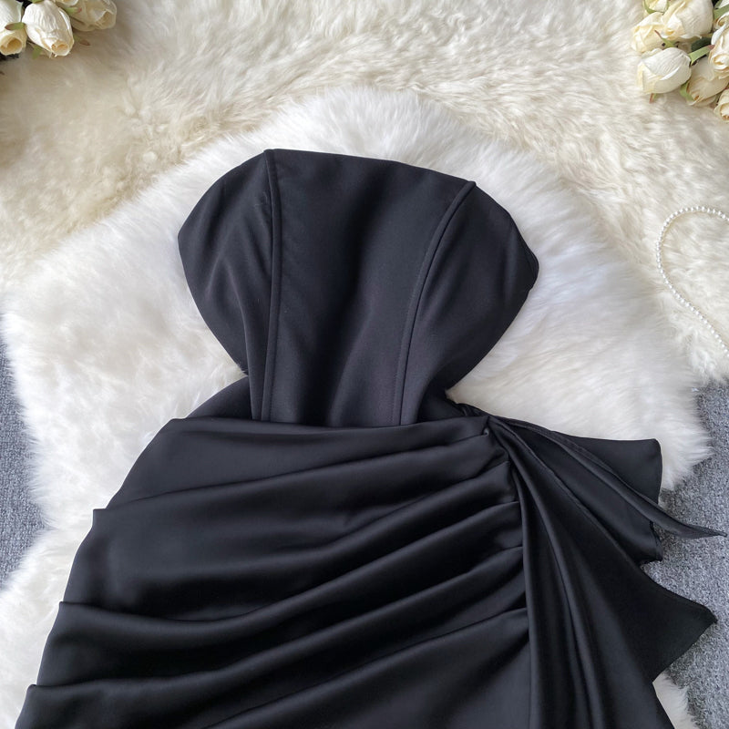 Sexy pure desire style irregular ruffled tube top dress temperament Hepburn style evening dress R2298