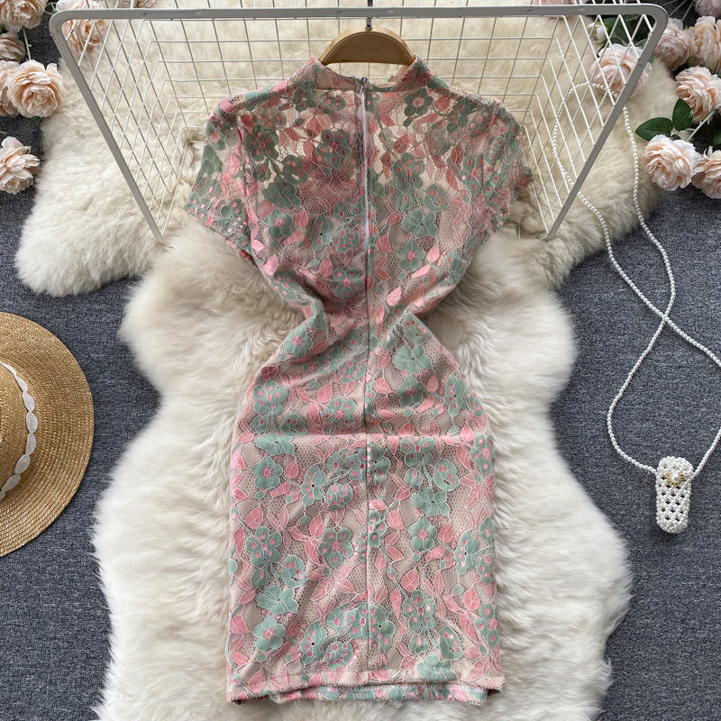 New retro embroidery print improved girl dress short sleeve slit hip cheongsam R2287