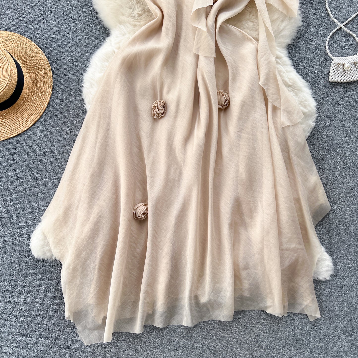 French sleeveless suspender dress 2025 new slim three-dimensional flower chiffon long skirt R2355