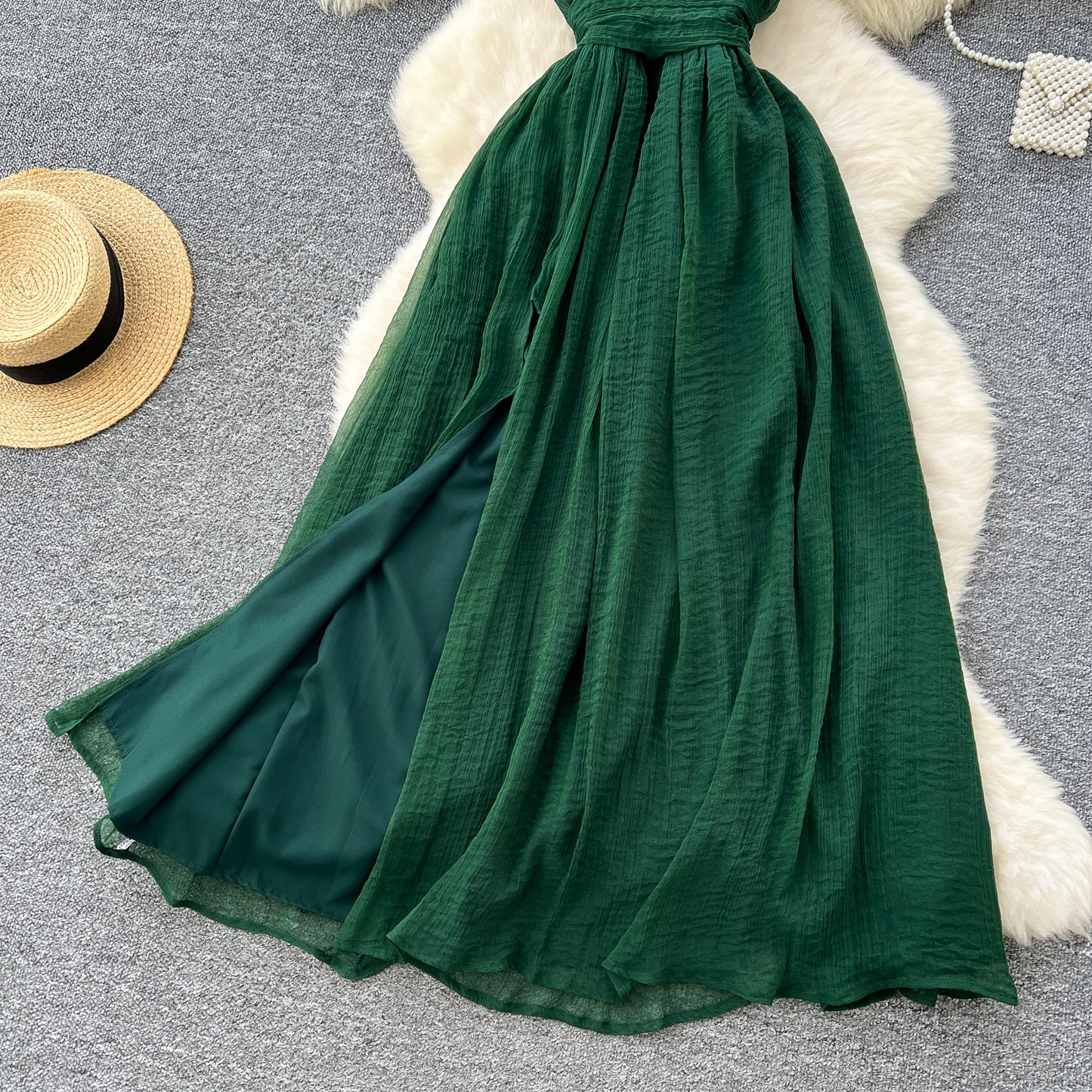 Elegant dress French style deep V-neck halter neck strap waist slit backless holiday long dress R2264