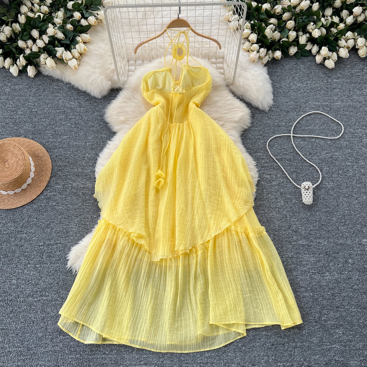 Holiday dress hollow chest-revealing halter neck suspender three-dimensional flower long dress R2336