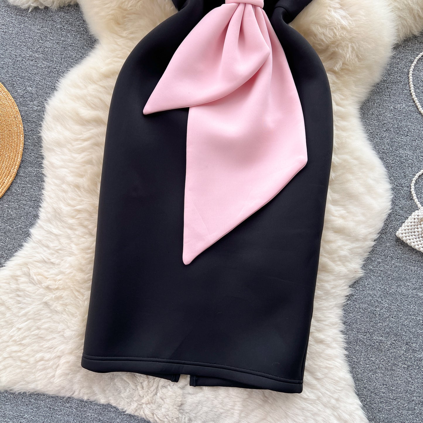 French style tube top dress summer three-dimensional bow slit waist slim dress R2303