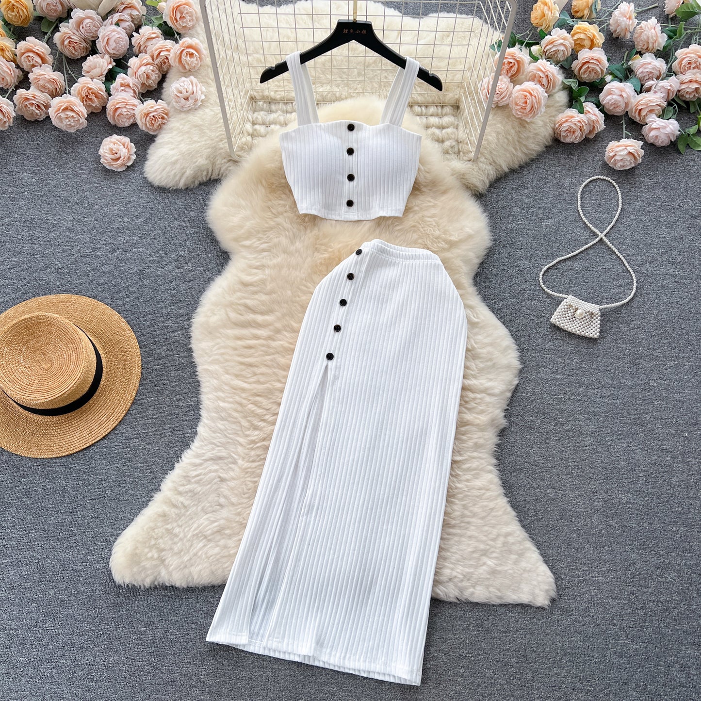 Small pure desire suit French short tube top camisole vest high waist slim slit skirt R2263