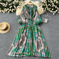 European and American style pleated printed dress lantern long sleeve waist slim long skirt R2322