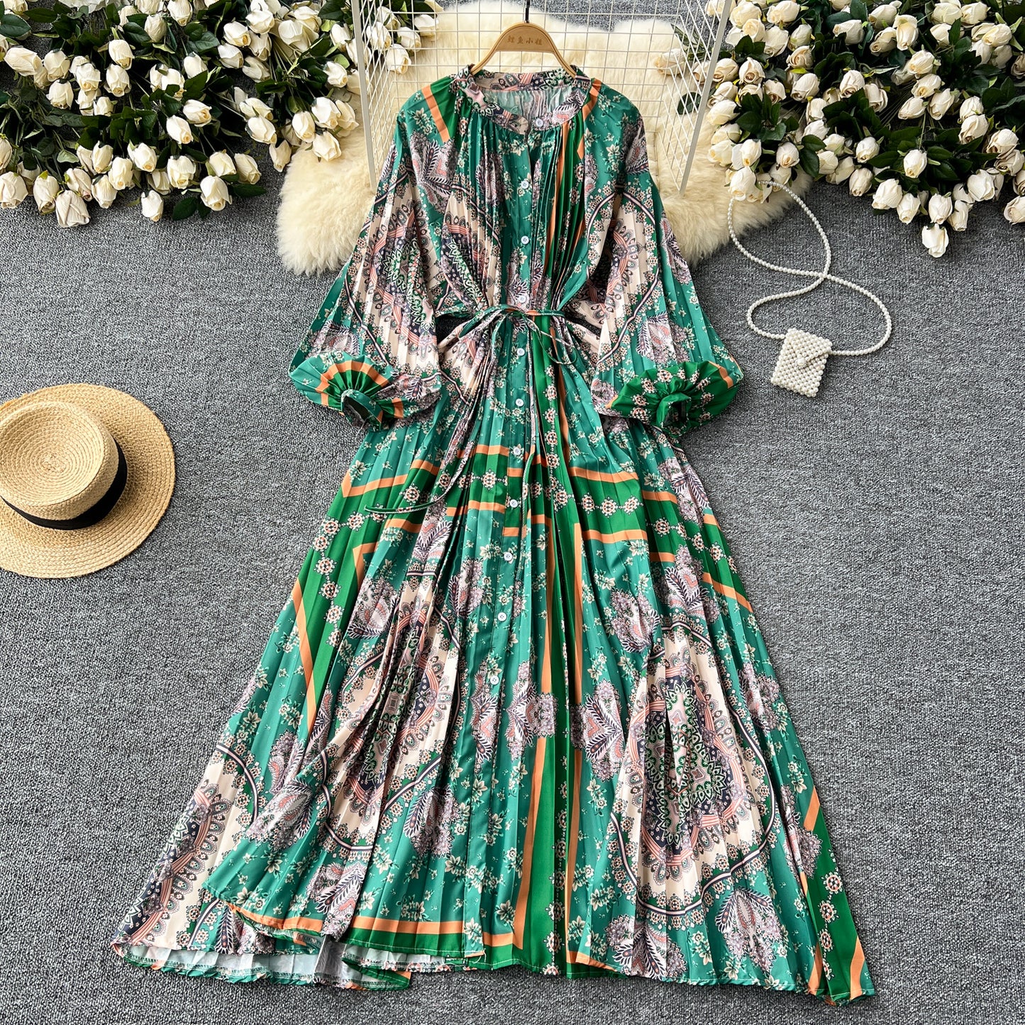 European and American style pleated printed dress lantern long sleeve waist slim long skirt R2322