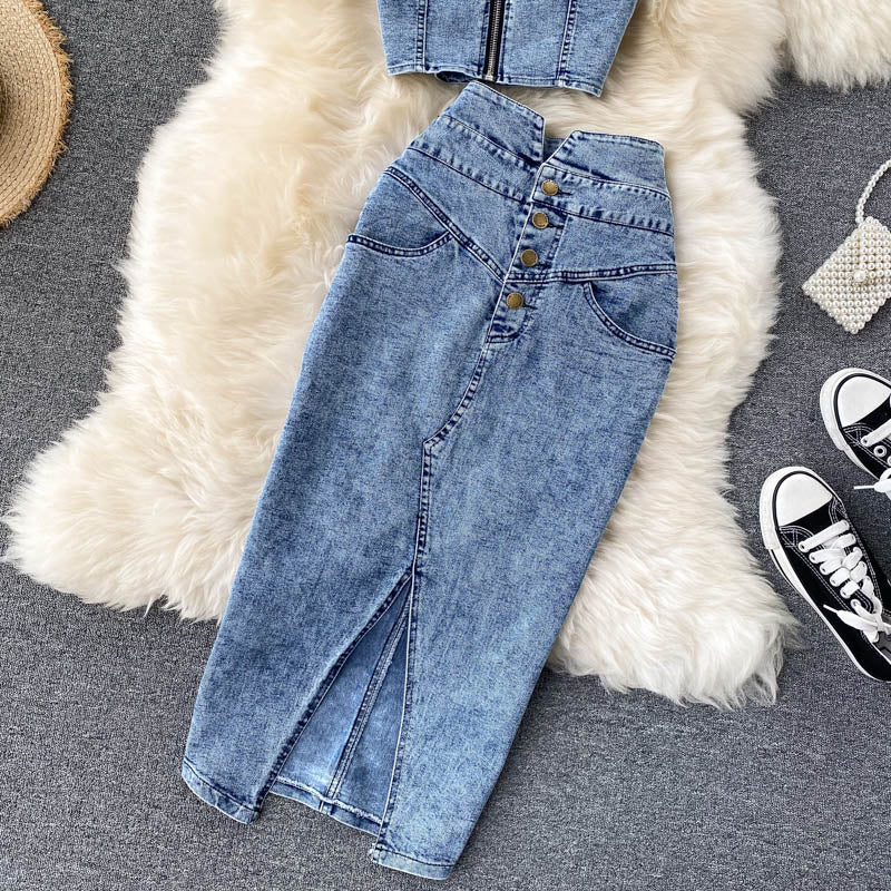 Women's suits 2025 new sexy short camisole high waist denim skirt trend R2273