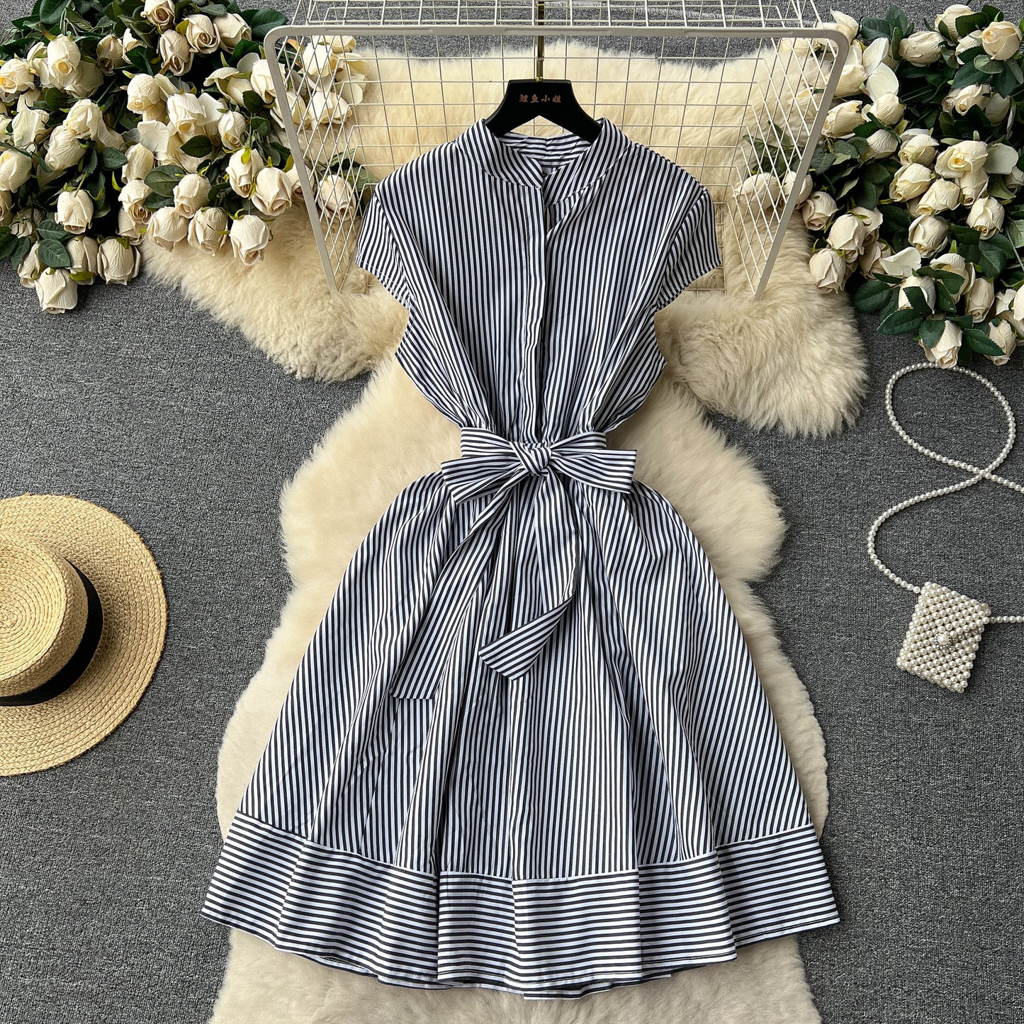 French style short-sleeved striped dress with bow tie waist A-line slim temperament shirt skirt R2297