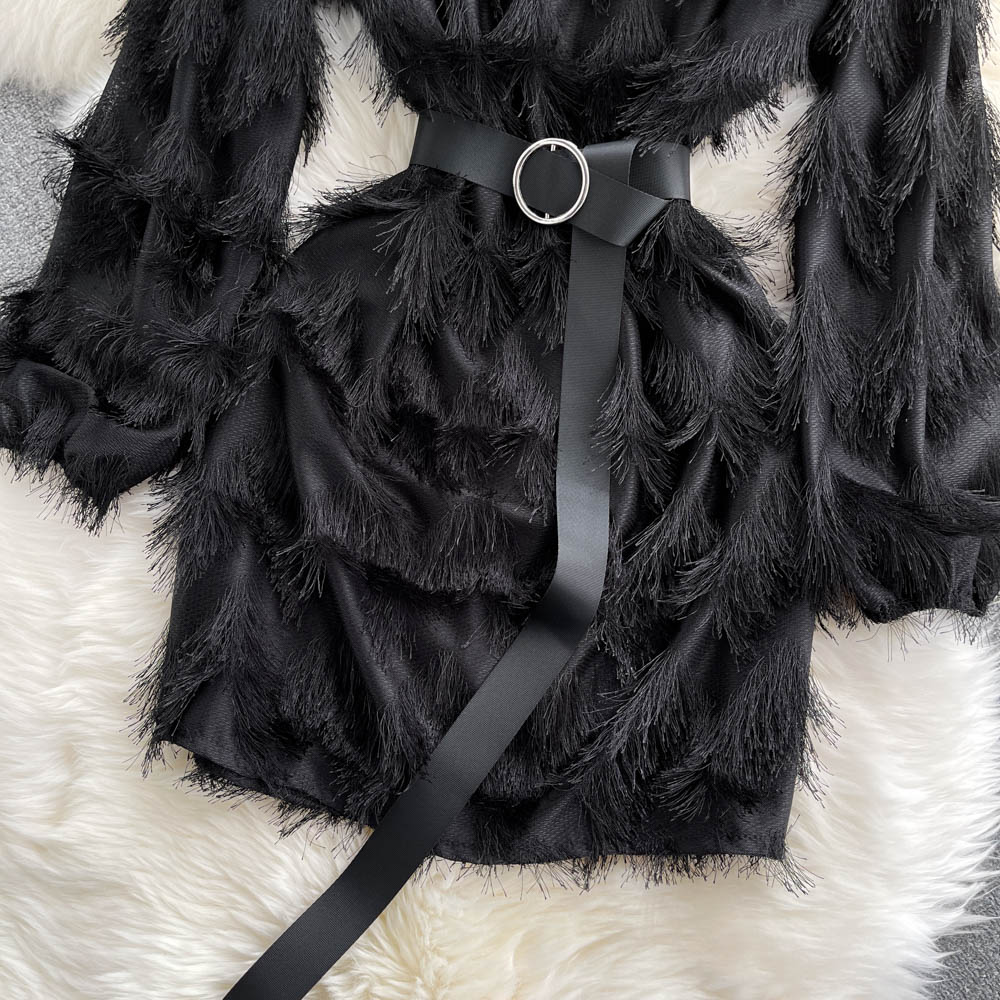 French dress with fur tassel design, small and chic temperament A-line short skirt R2274