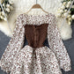 French sweet niche strap contrast color fake two-piece long-sleeved dress floral long skirt R2346