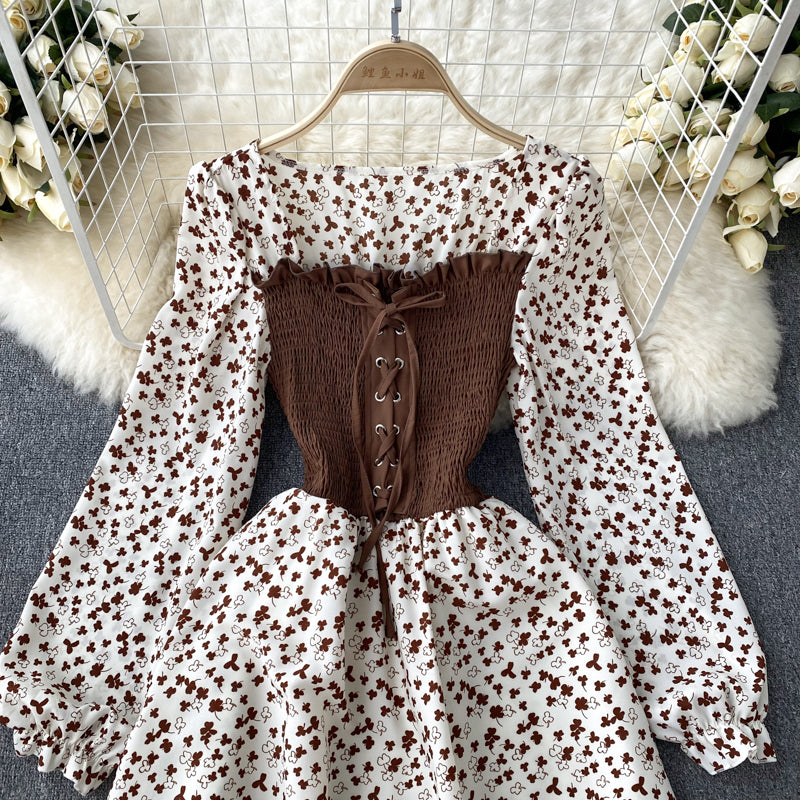 French sweet niche strap contrast color fake two-piece long-sleeved dress floral long skirt R2346