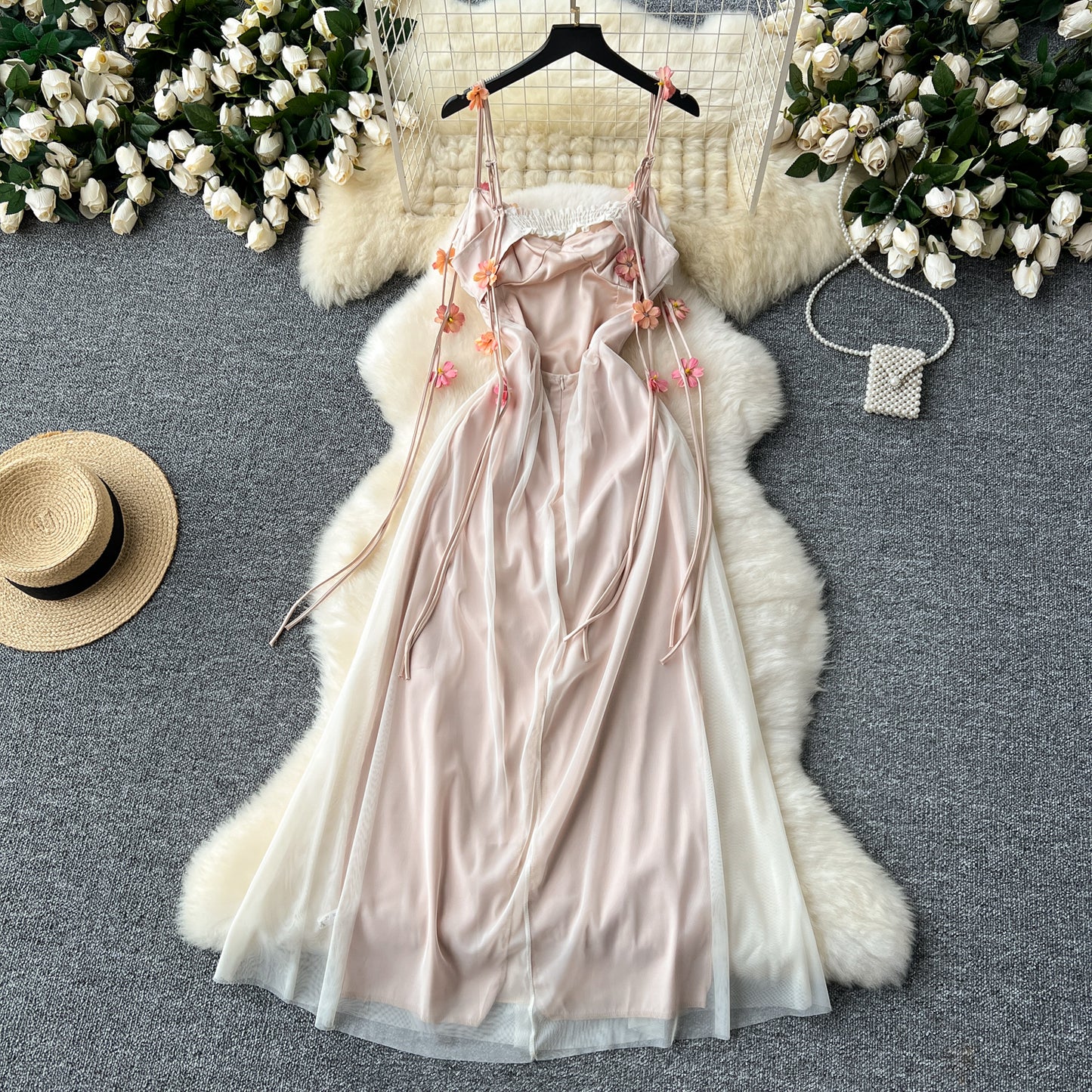 Holiday dress three-dimensional flower mesh high waist slim long skirt suspender skirt R2342