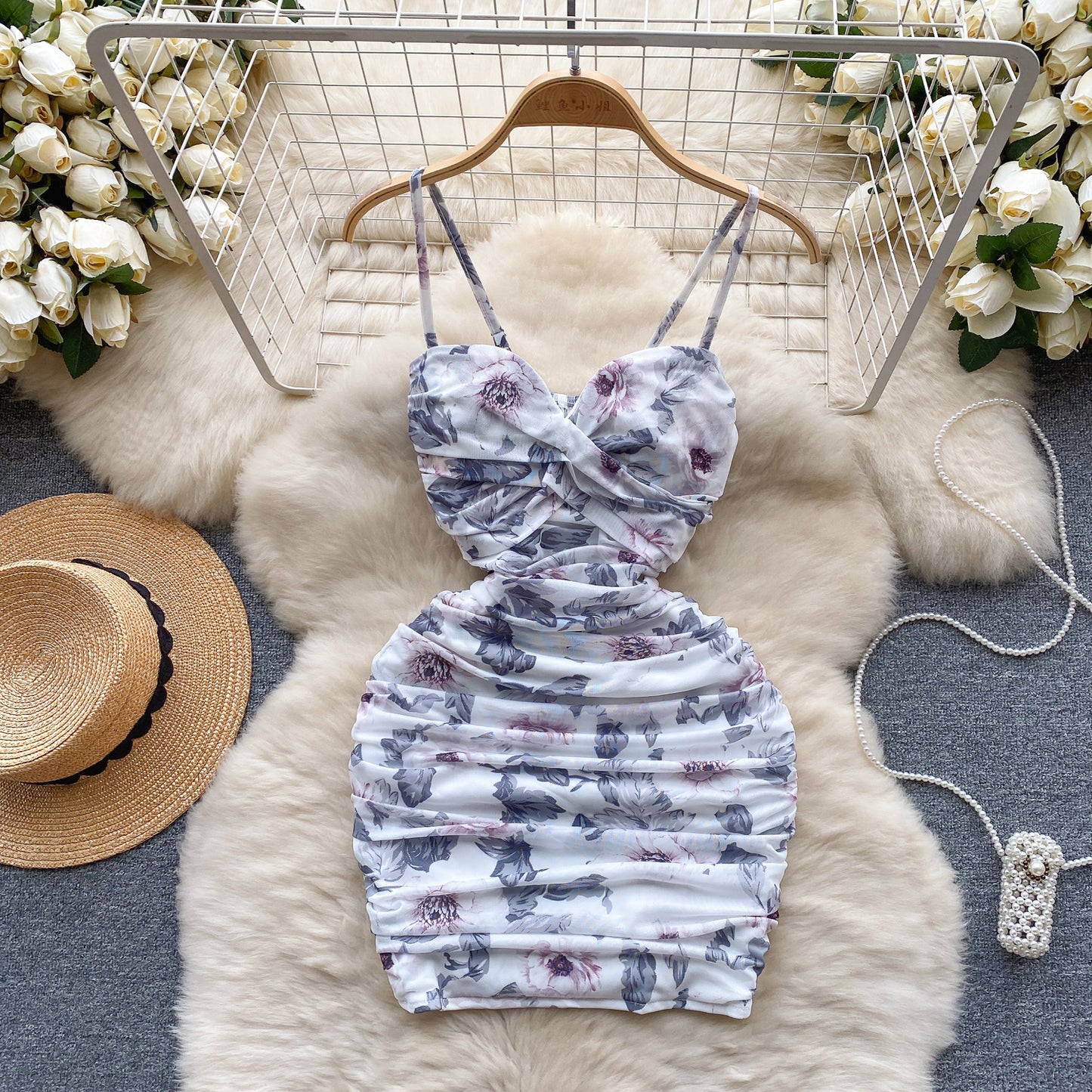 Sexy elastic mesh dress 2025 new pleated slim short sexy hip suspender skirt R2268