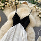 Holiday dress temperament V-neck contrast color stitching pleated big swing beach dress R2294
