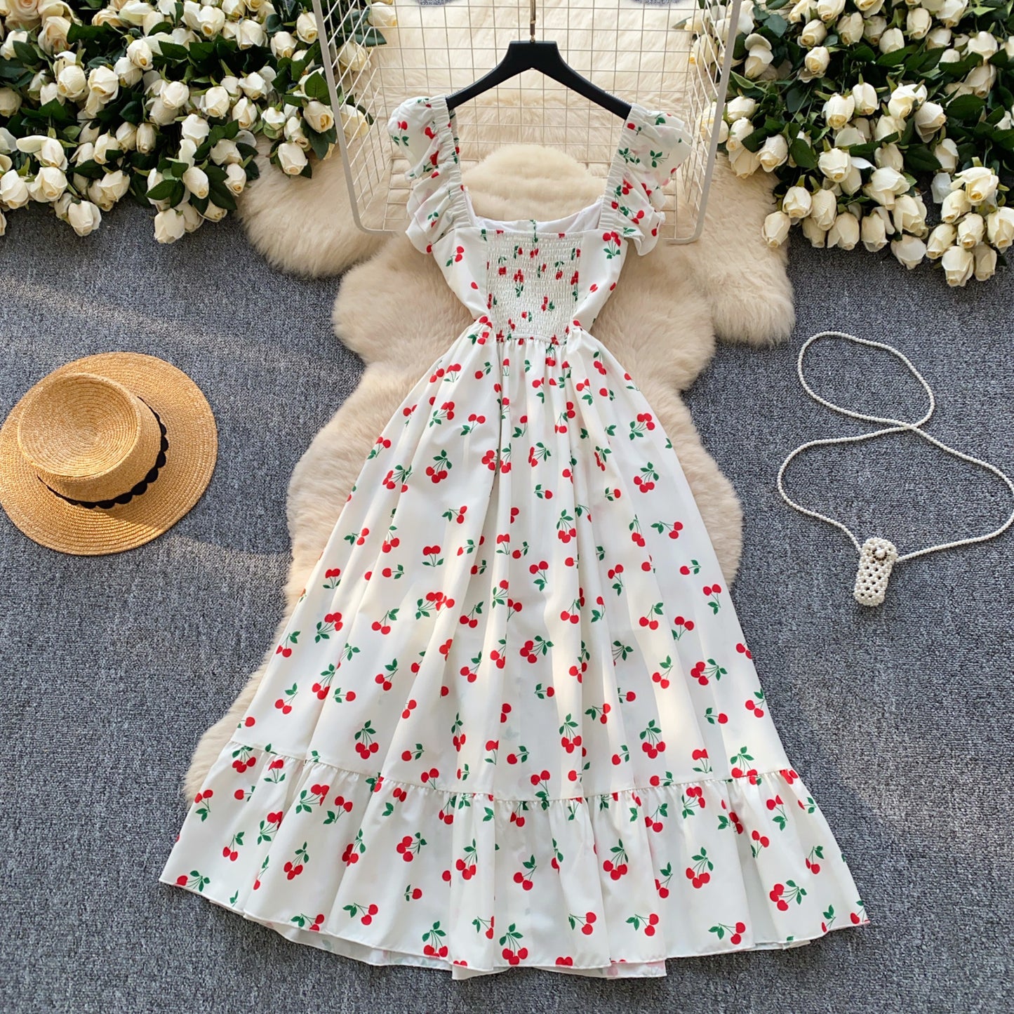 French style square collar, small flying sleeves, slim waist, single-breasted cherry print dress R2339