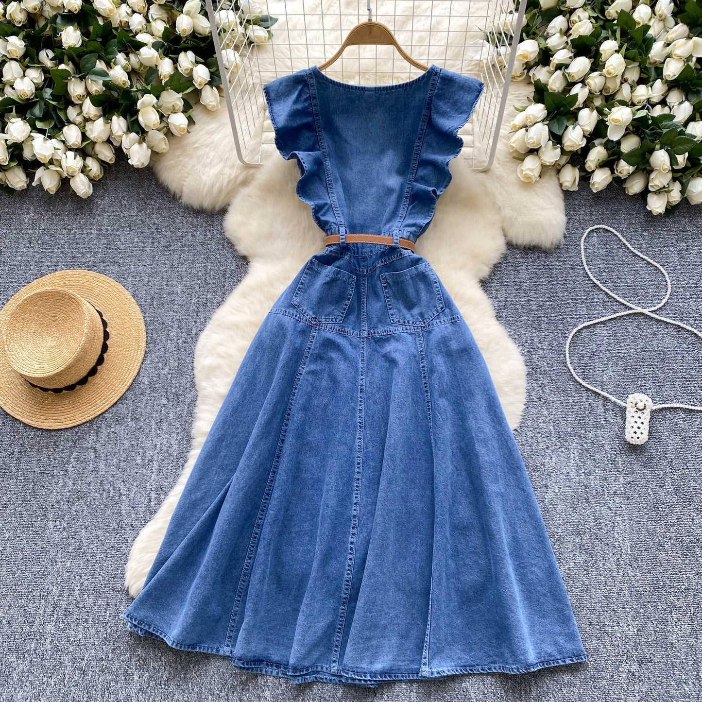 French retro V-neck ruffled single-breasted waist slimming over-the-knee denim dress R2350
