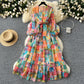 European and American style two-piece lantern sleeve button-down top high waist printed mesh skirt R2314